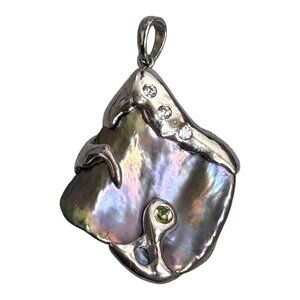 Vtg Statement 925 Sterling Silver Abalone Shell Pendant Artisan Signed 1.5" Boho